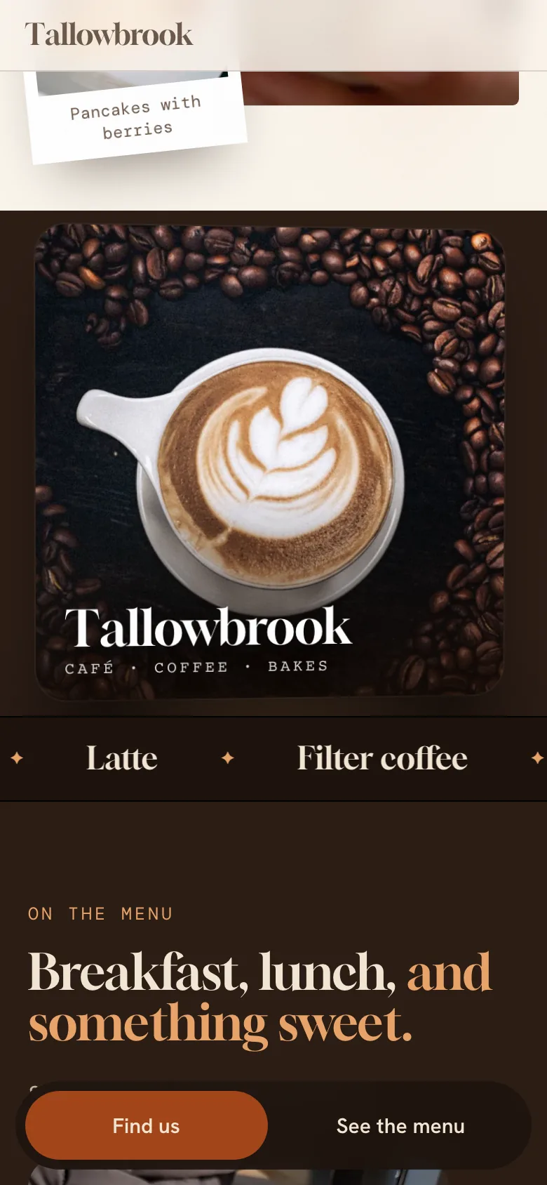 After: the new Tallowbrook Café demo site on a phone. It has the café's own name, words and photos.
