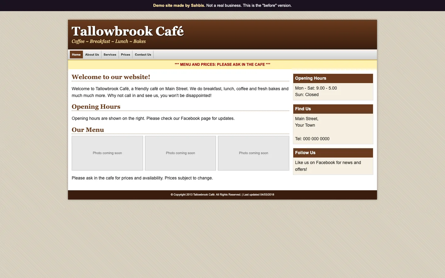 Before: the same demo café on an old template on a laptop. Grey boxes stand where the photos should be.
