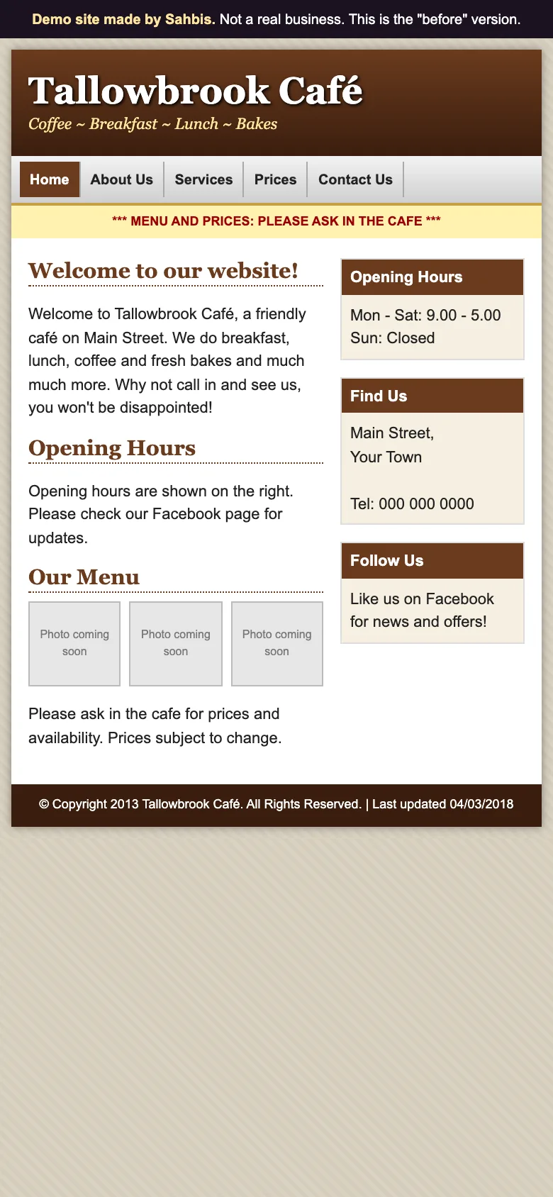 Before: the same demo café on an old template on a phone. Grey boxes stand where the photos should be.