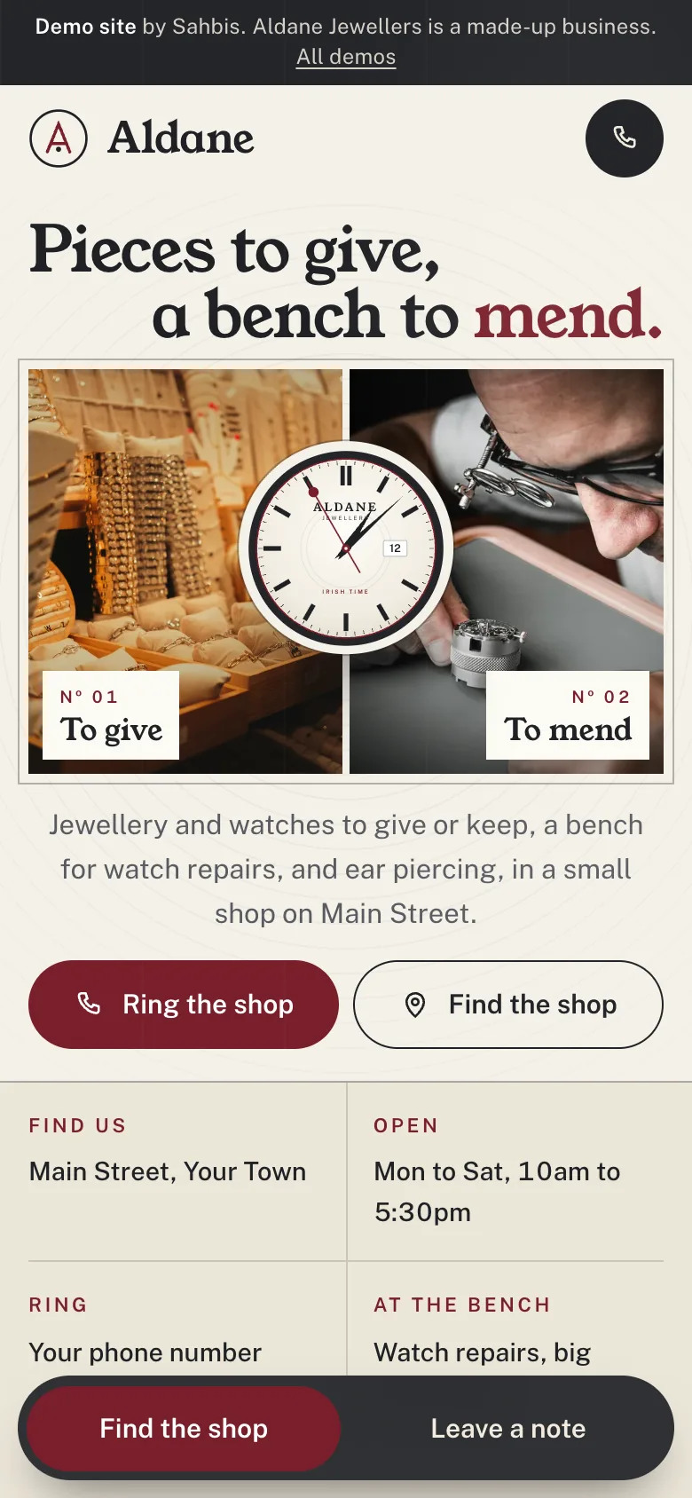 The home page of the Aldane Jewellers demo site on a phone. Aldane Jewellers is a made-up jeweller.