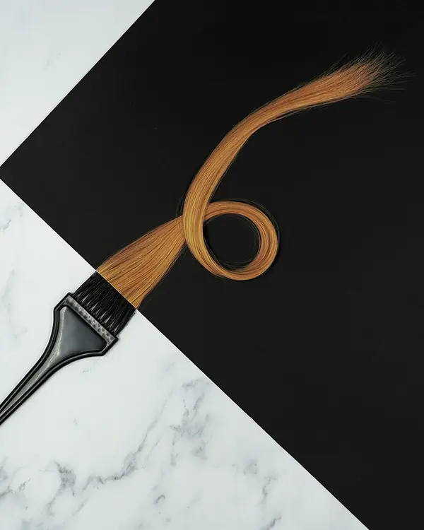 A tint brush and a lock of auburn hair on black and white marble.