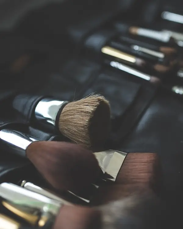 Makeup brushes in a black brush roll.
