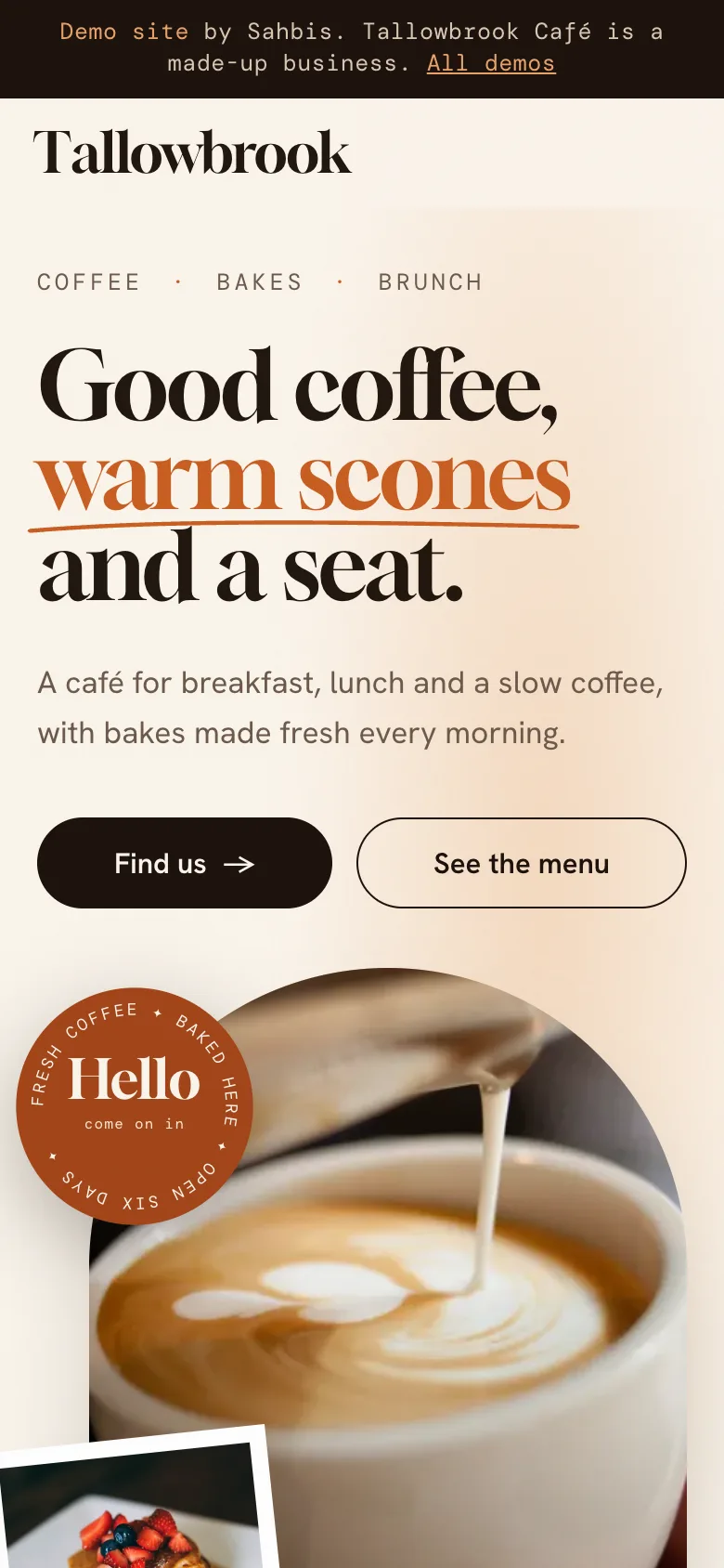The home page of the Tallowbrook Café demo site on a phone. Tallowbrook Café is a made-up café.